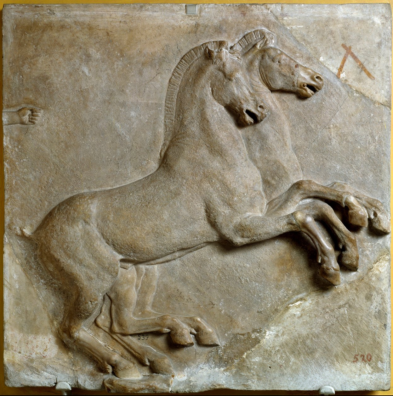 Biga (zweirädriger römischer Wagen, gezogen von zwei Pferden) (Relief) von Roman Roman
