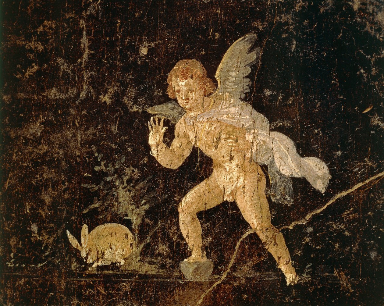 Fresko, das Amor zeigt, wie er einen Hasen jagt, aus Pompeji, Provinz Neapel, Italien, römische Zivilisation von Roman Roman