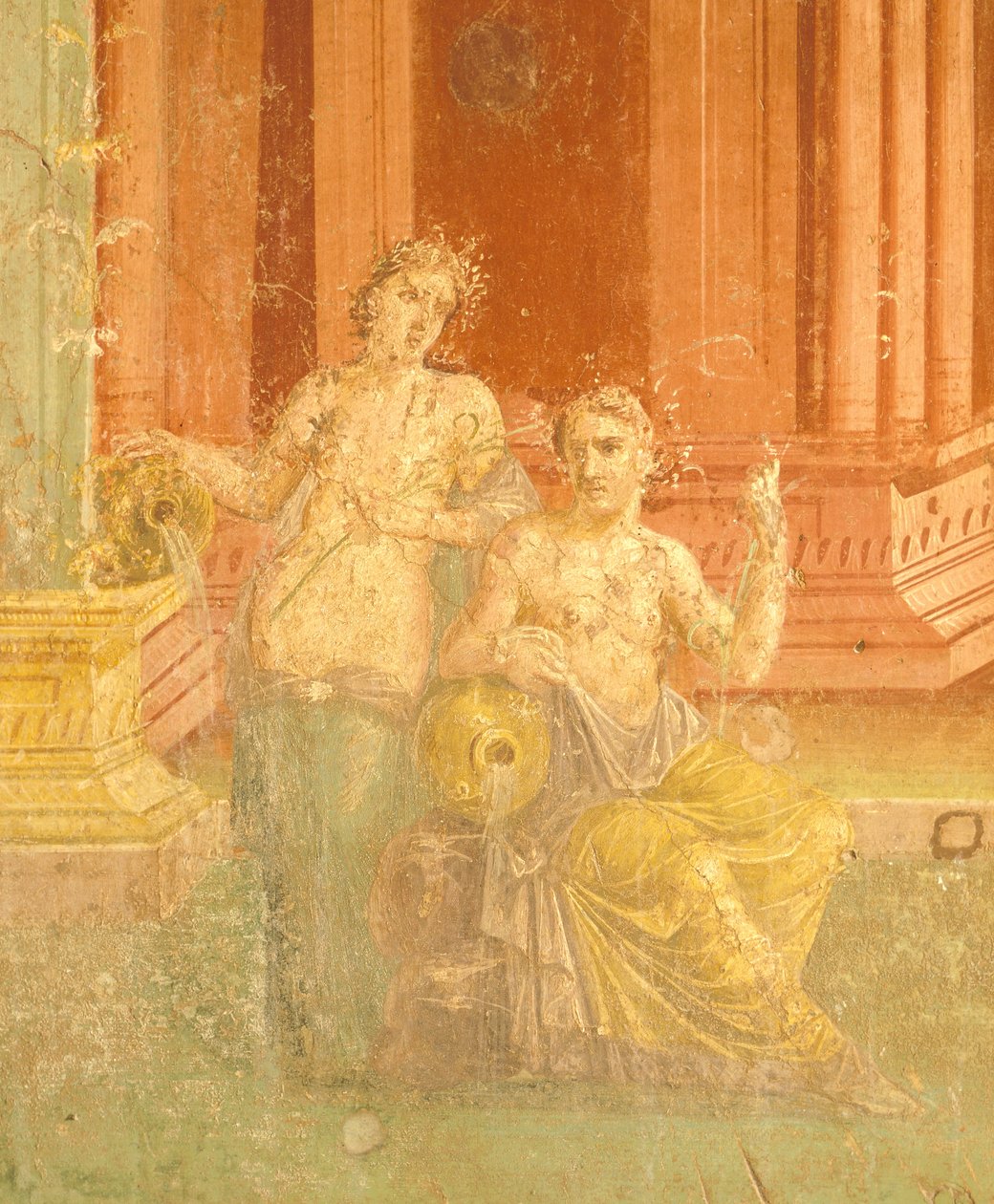Fresko im vierten pompejanischen Stil auf rotem Hintergrund, Haus des Pinario Ceriale, Pompeji, Kampanien, römische Zivilisation von Roman Roman