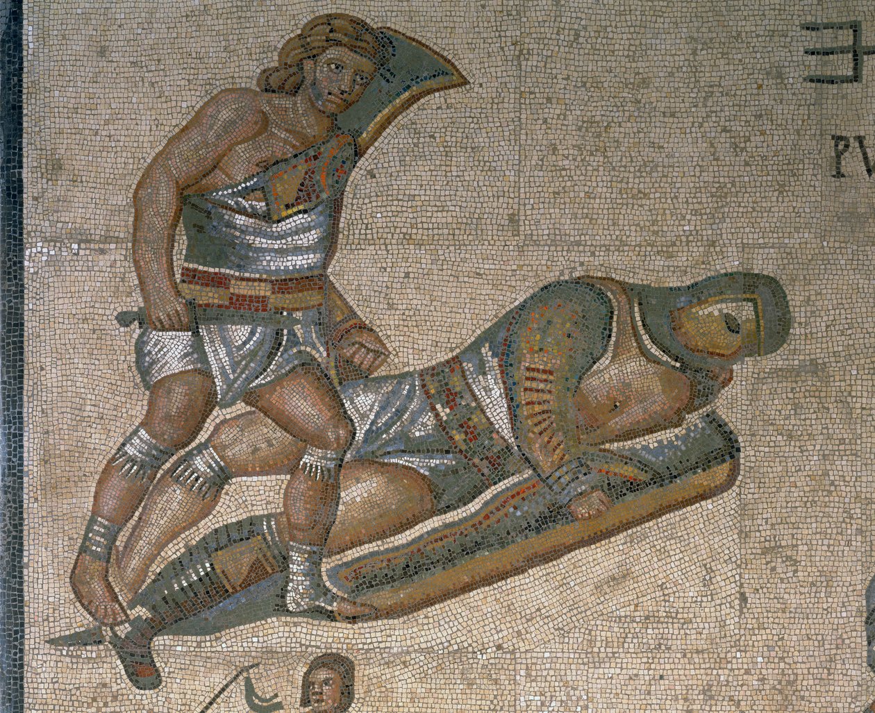 Mosaik mit einer Szene kämpfender Gladiatoren, (Detail) eines Gladiators in Rüstung von Roman Roman