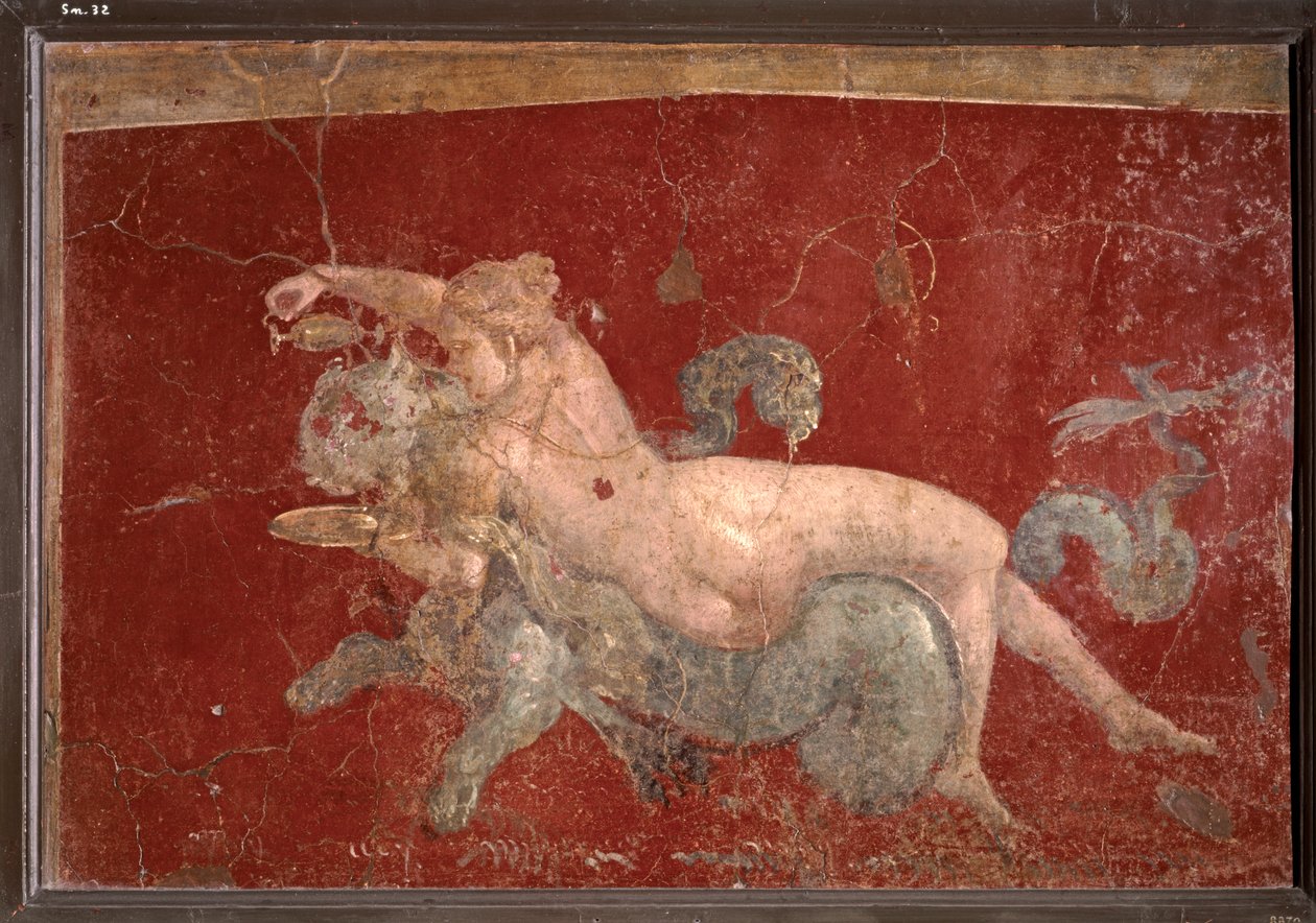 Römische Kunst: Nereide auf einem Seepanther, dem sie ein Getränk in einer flachen Schale reicht von Roman Roman