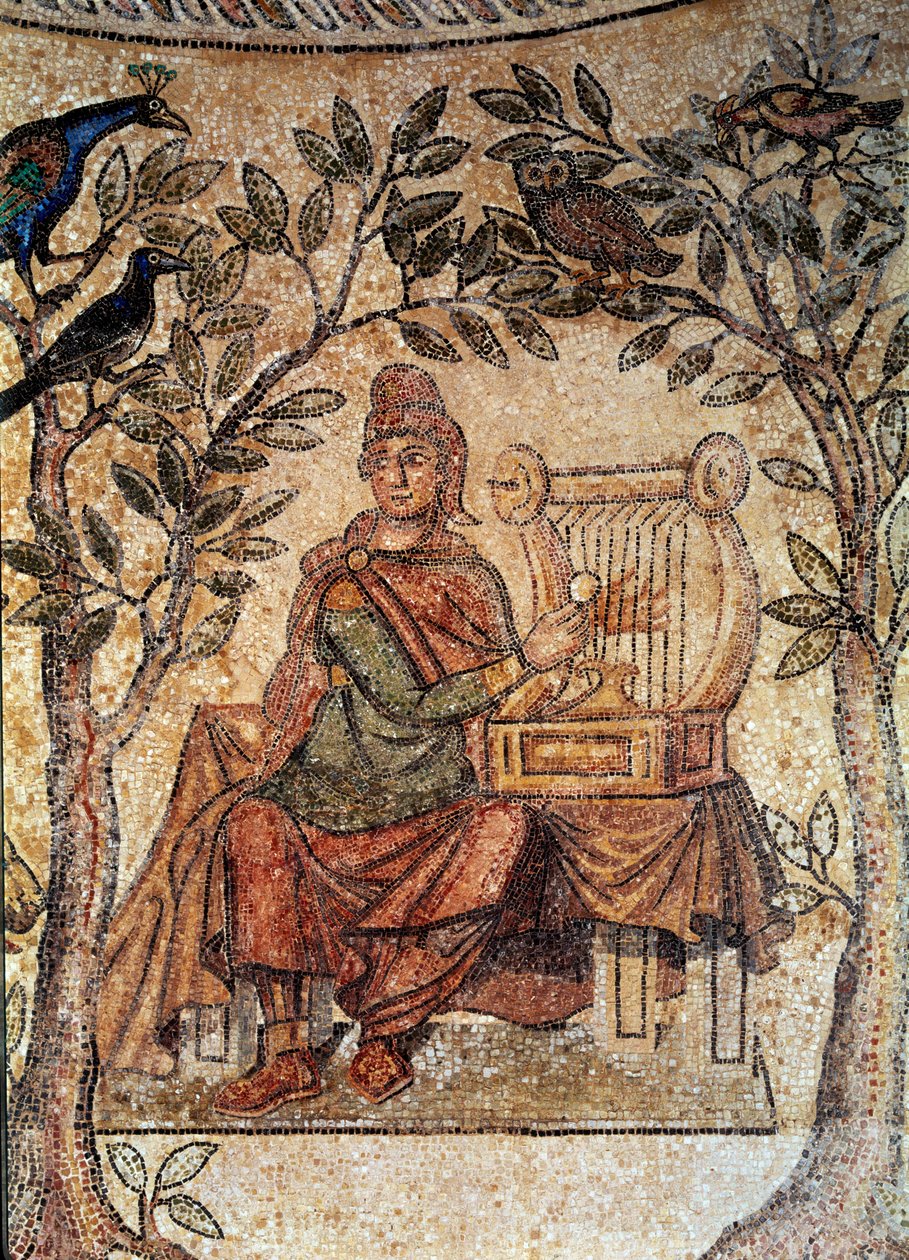 Römische Kunst: Orpheus bezaubert Vögel. Mosaik aus Blanzy-les-Fisms von Roman Roman