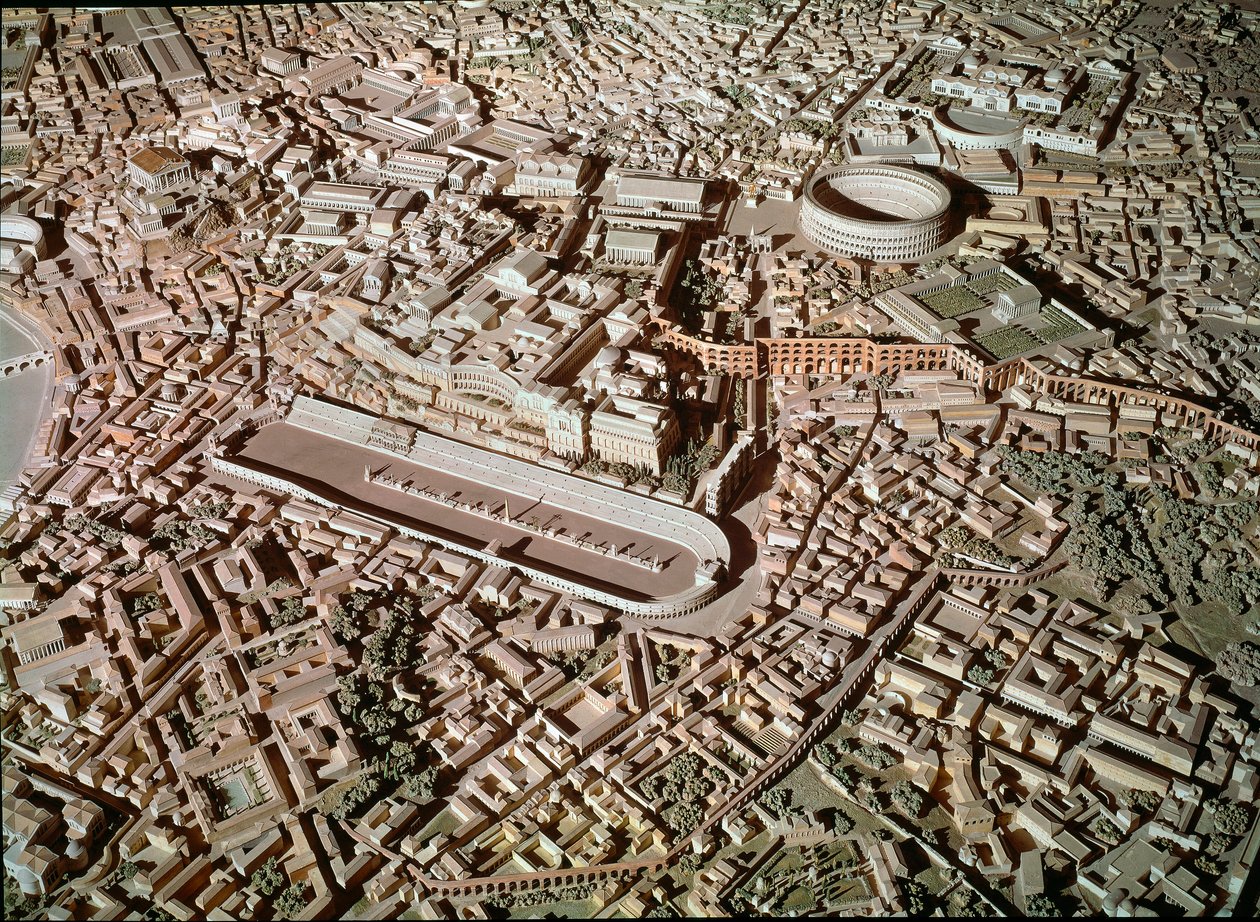 Römische Kunst: Modell, das die Stadt Rom in der Antike darstellt. Im Zentrum der Circus Maximus oder Grand Circus, reserviert für Wagenrennen. Rom, Museo della Civilta Romana - Römische Kunst. Circus Maximus und etruskische Mauern. Detail des Rekonstrukti von Roman Roman