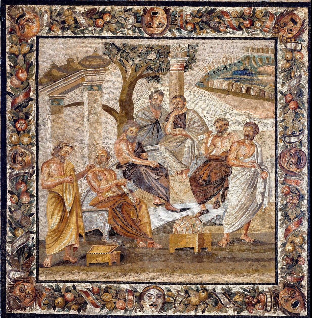 Die Akademie von Platon: der Philosoph, der in der Mitte sitzt, lehrt eine Gruppe von Schülern der Akademie von Athen (von ihm 378 v. Chr. gegründet) - Mosaik gefunden in Boscotrecase, jetzt ausgestellt im Nationalmuseum, Neapel. - Platons Akademie: der Ph von Roman Roman