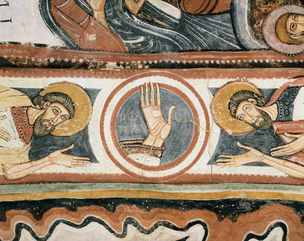 Romanische Kunst: Die rechte Hand Gottes und die Patriarchen Elija und Henoch (Detail). Fresko der Schule von Leon (Spanien). 1132. Heiligtum der Jungfrau von der Jungfrau del Camin von Romanesque