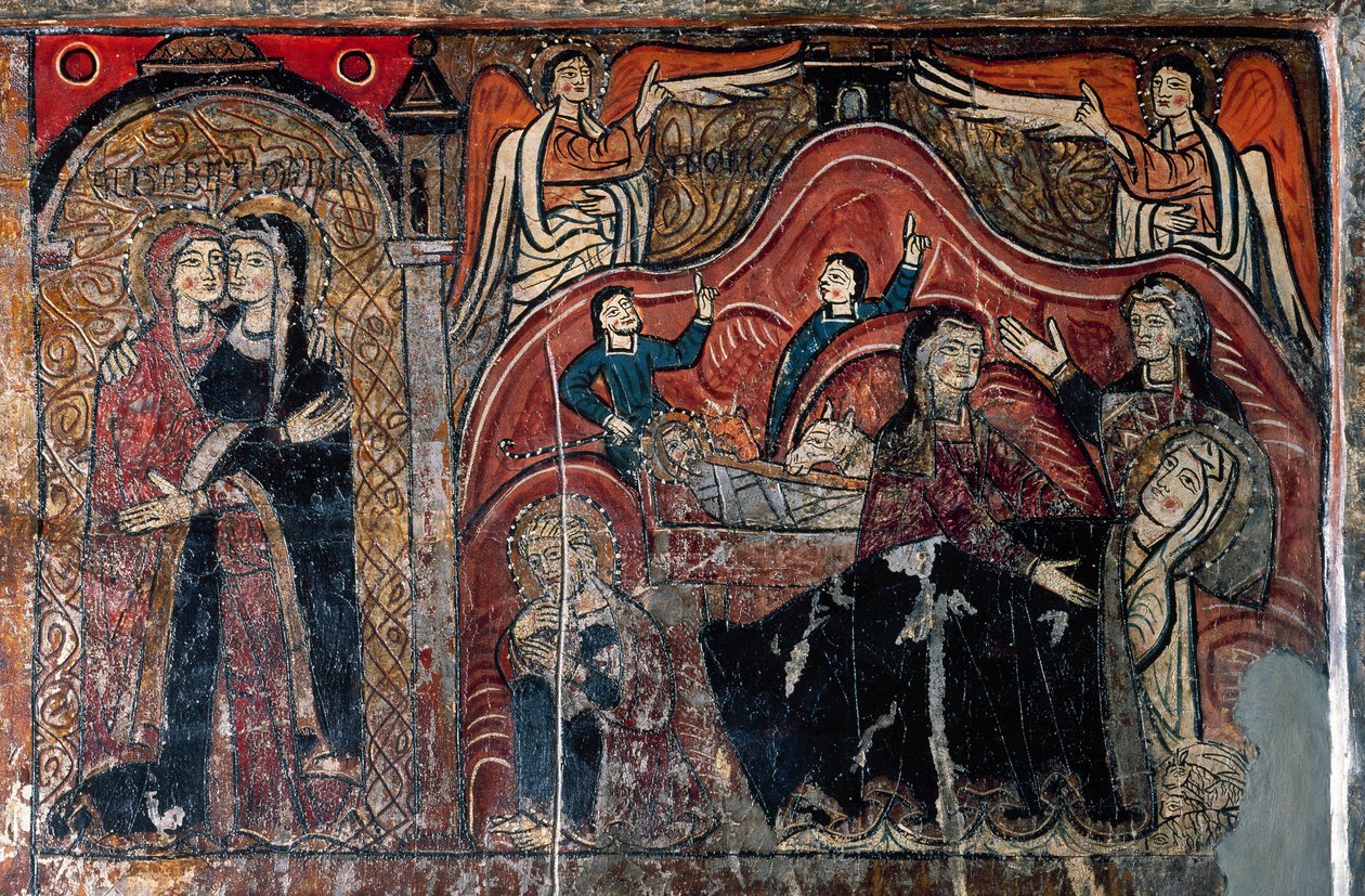Die Heimsuchung und die Geburt mit den Hebammen Celomi und Salome (Detail) von Romanesque