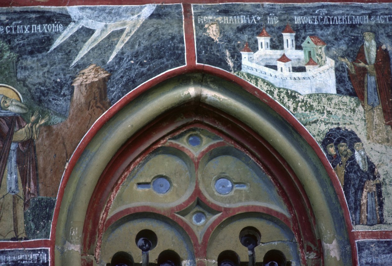 Gotisches Fenster und das Leben des Heiligen Pachomius, von der Nordwand der Kirche, ca. 1601 von Romanian School