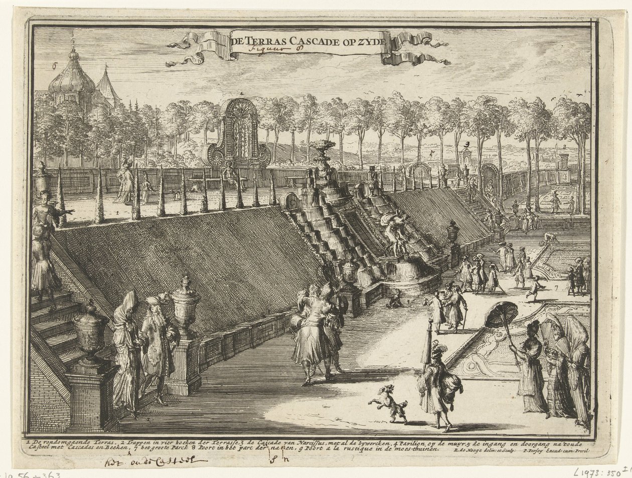 Ansicht (seitlich) eines Terrassenwasserfalls im Park des Palastes Het Loo von Romeyn de Hooghe
