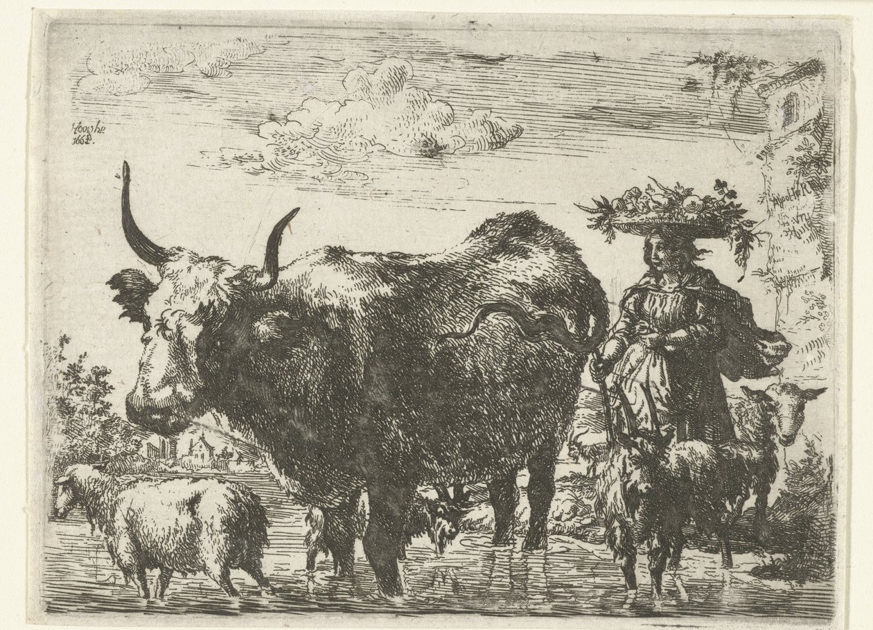 Hirtin mit Korb auf dem Kopf, eine Kuh, zwei Ziegen und zwei Schafe im Wasser von Romeyn de Hooghe