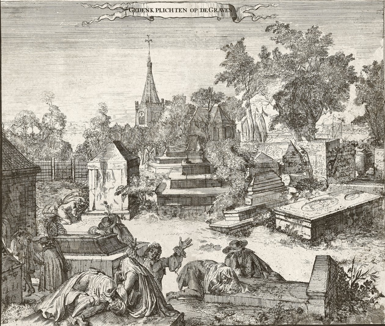 Trauer auf dem portugiesisch-jüdischen Friedhof Beth Haim von Ouderkerk an der Amstel in den Niederlanden - Gravur von Romeyn de Hooghe (1645-1708) von Romeyn de Hooghe