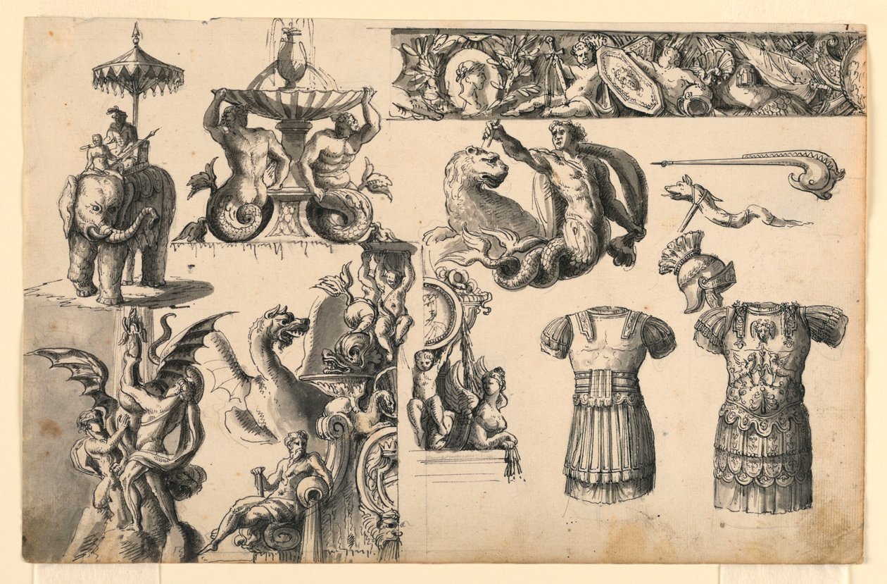 Dekorative Motive, drei Entwürfe für Brunnen von Romolo Achille Liverani
