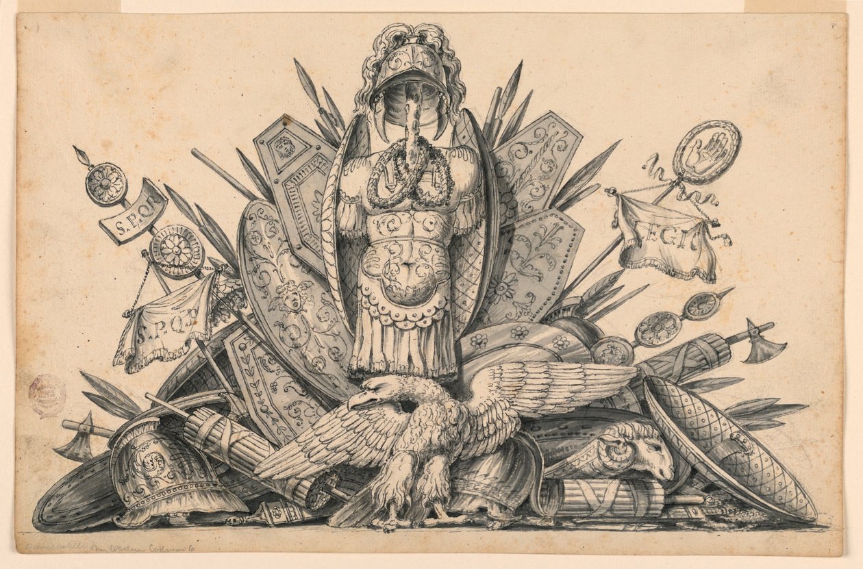 Trophäe von Waffen zur Ausführung in Malerei von Romolo Achille Liverani