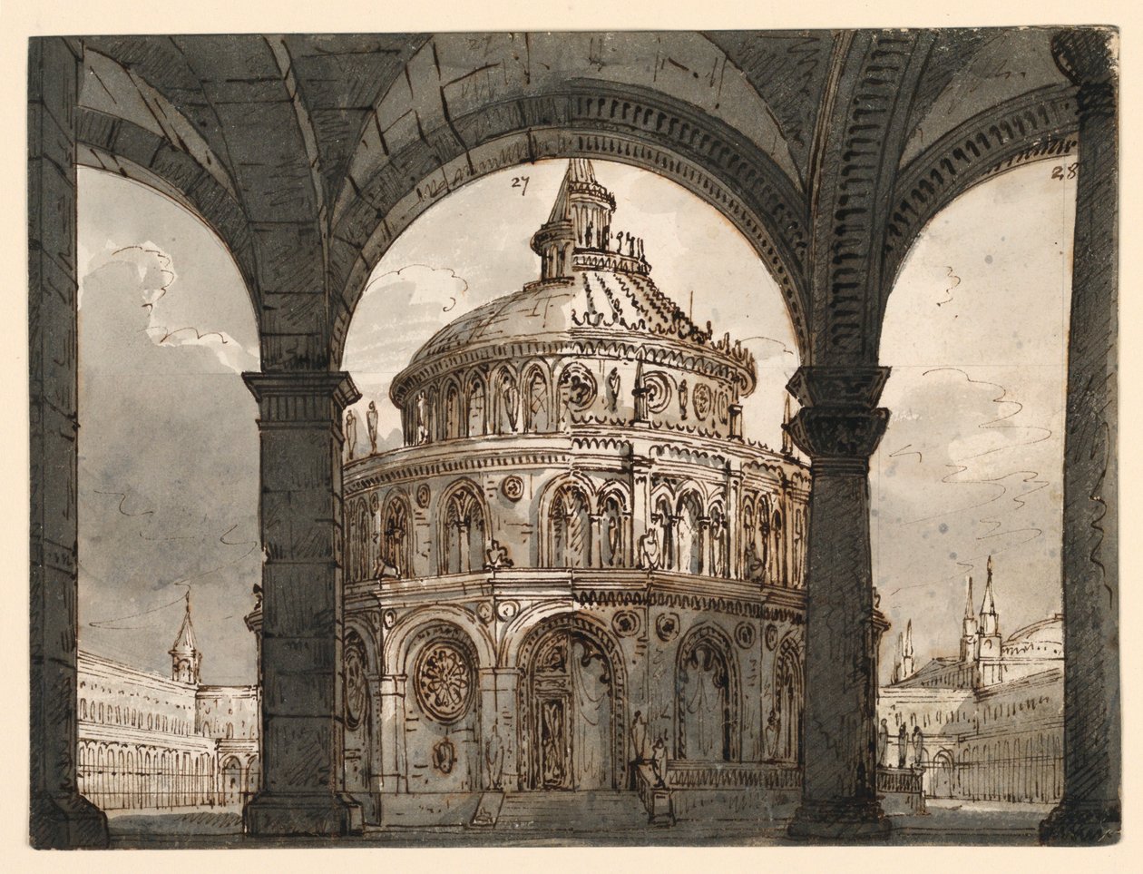 Bühnenbild, Atrium mit dem Tempel der Hospitaliter für die Oper "La Straniera" von Vincenzo Bellini von Romolo Achille Liverani