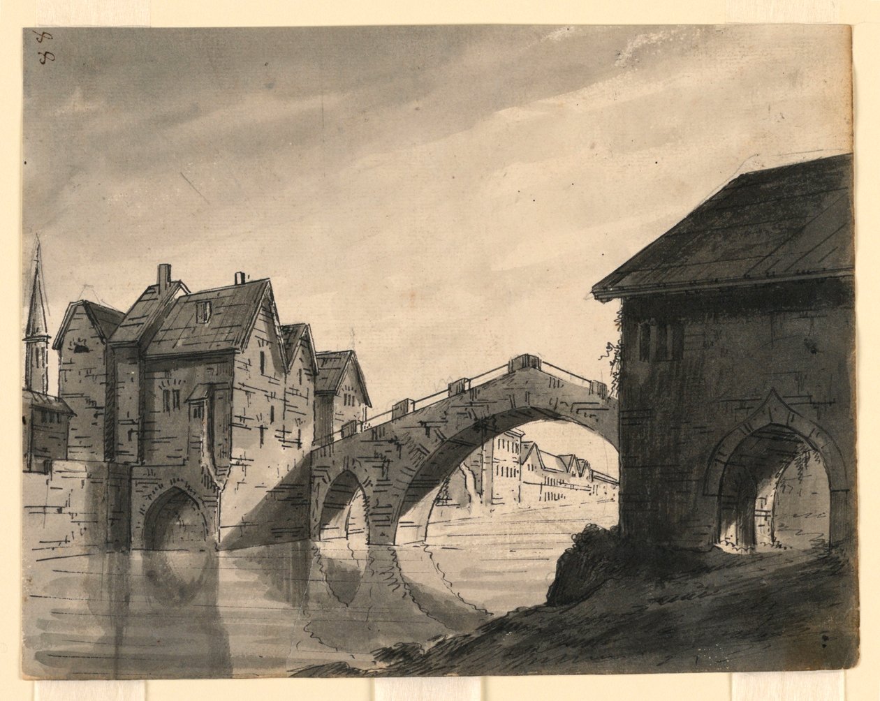 Bühnenbild, Brücke über einen Fluss in einer Stadt von Romolo Achille Liverani