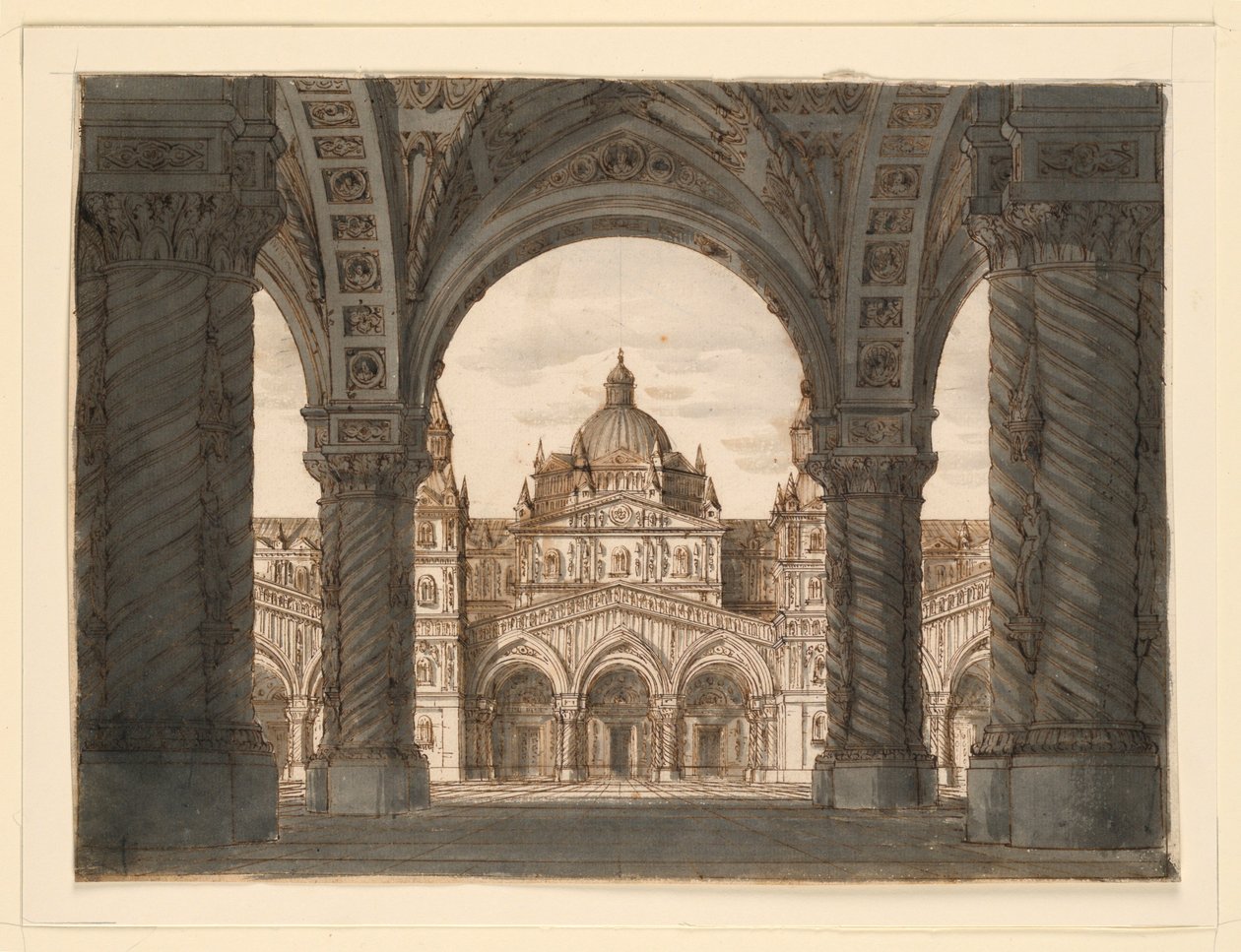 Bühnenbild, Kirchenfassade von einer Loggia, I due Valdomiri von Felice Romani, Musik von Pietro de Winter. Aufgeführt in La Scala, Mailand, 1818 von Romolo Achille Liverani