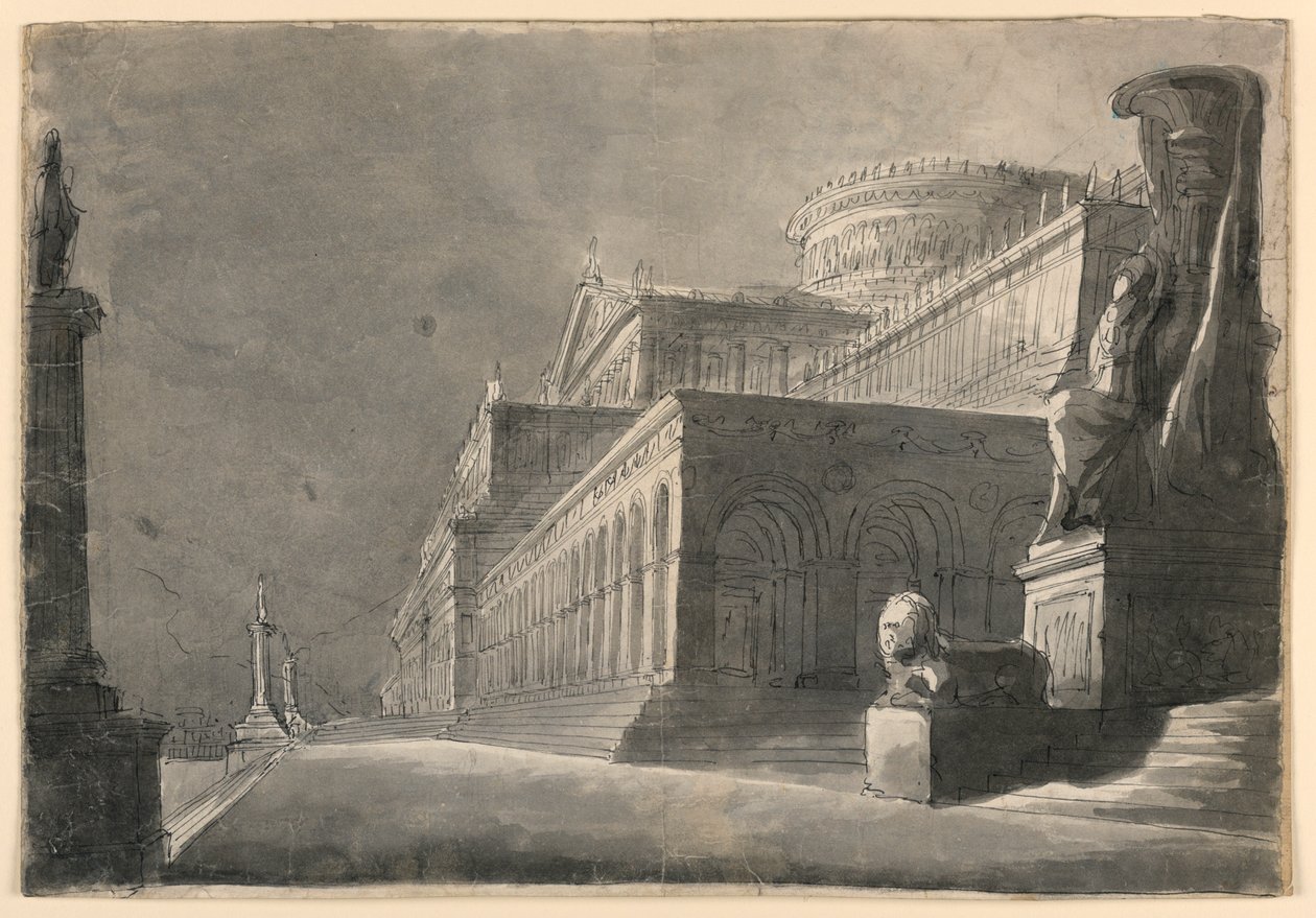 Bühnenbild, Außenansicht eines riesigen Palastes von Romolo Achille Liverani