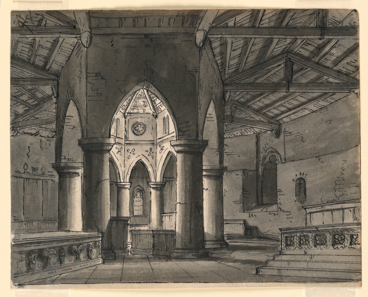 Bühnenbild, Inneres der gotischen Kapelle von Romolo Achille Liverani