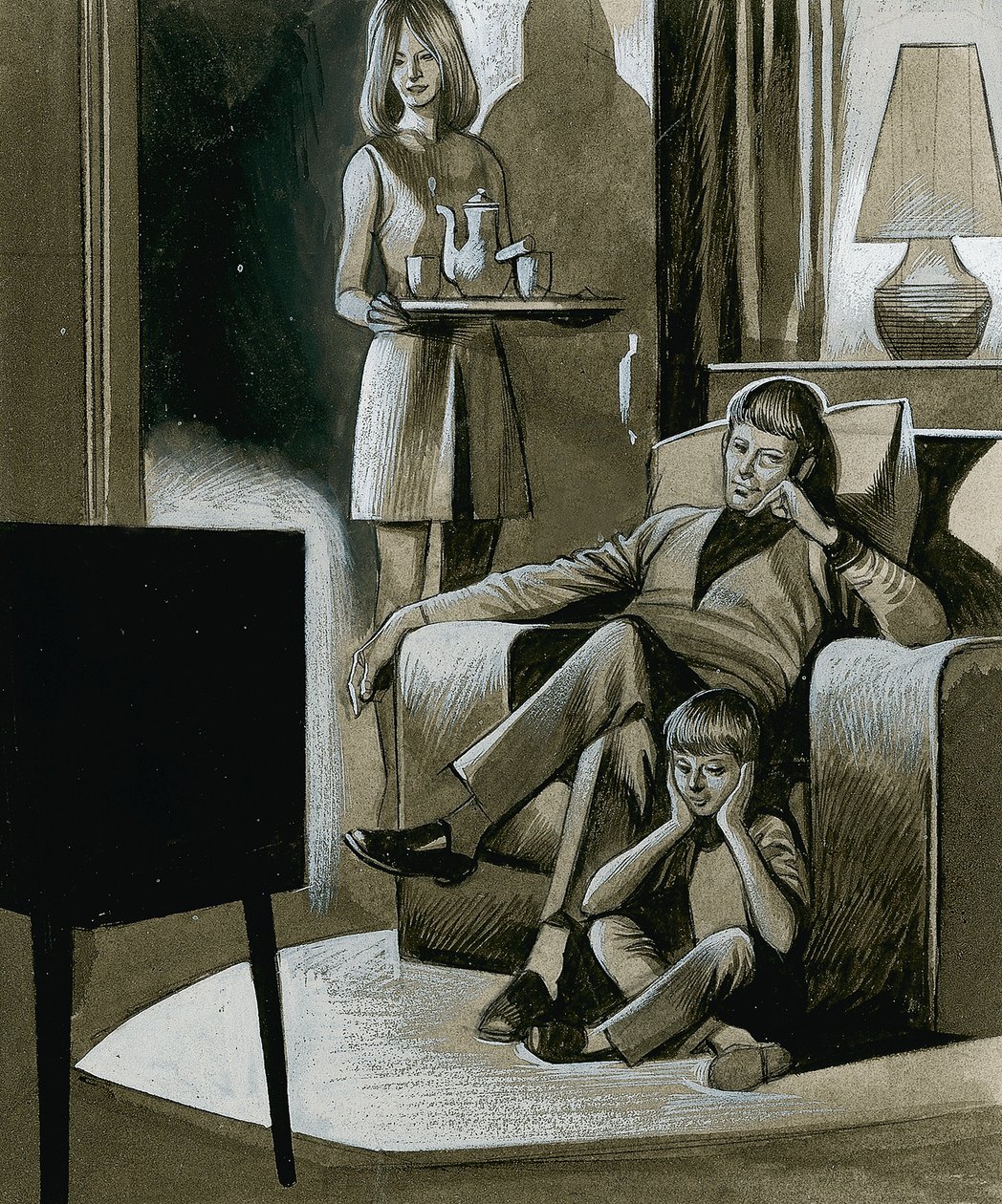 Familie schaut Schwarz-Weiß-Fernsehen in den 1960er Jahren von Ron Embleton