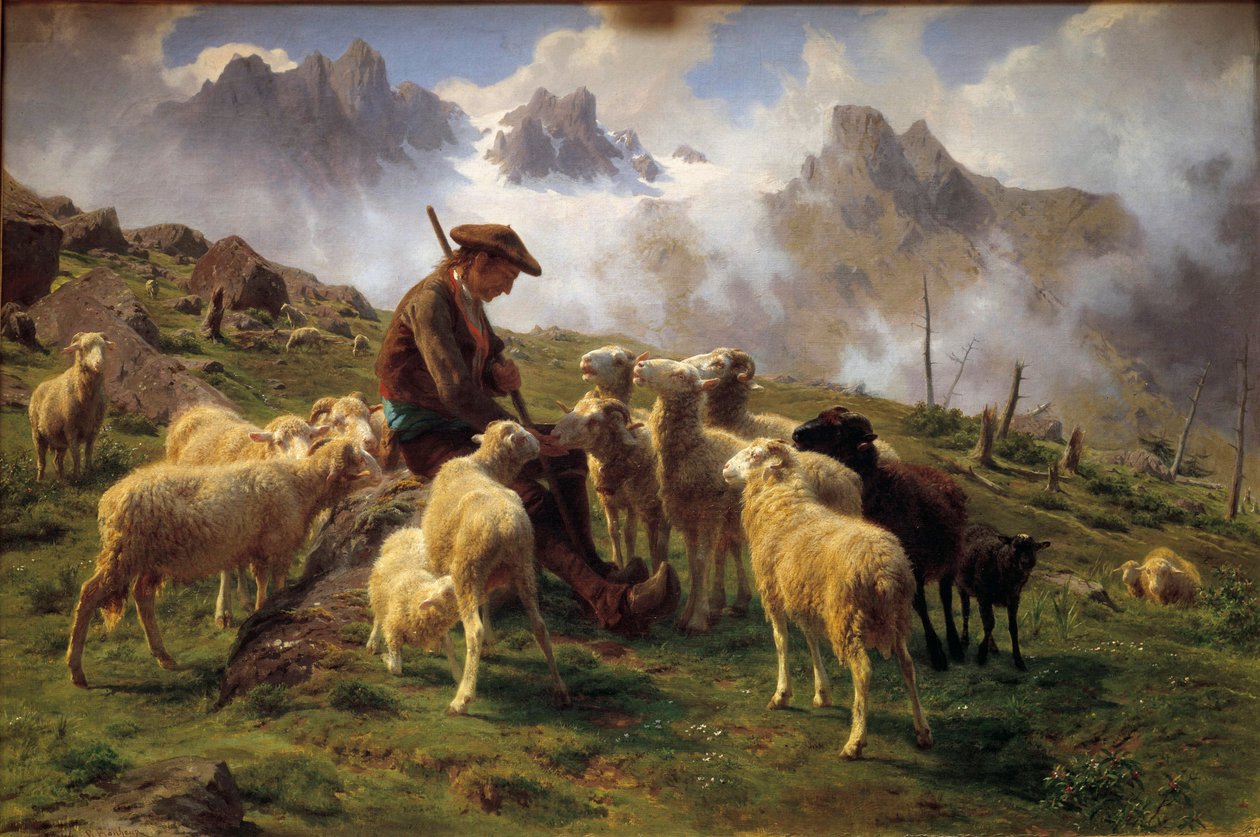 Ein alpiner Schäfer gibt seinen Schafen Salz. Gemälde von Rosa Bonheur (1822-1899) 1864 Chantilly, Musée Condé von Rosa Bonheur