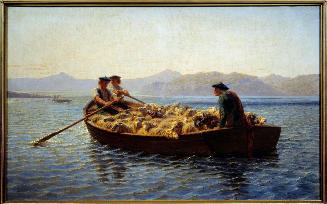 Wechsel der Weide. Hirten verladen die Schafherde, um sie ans andere Ufer zu bringen von Rosa Bonheur