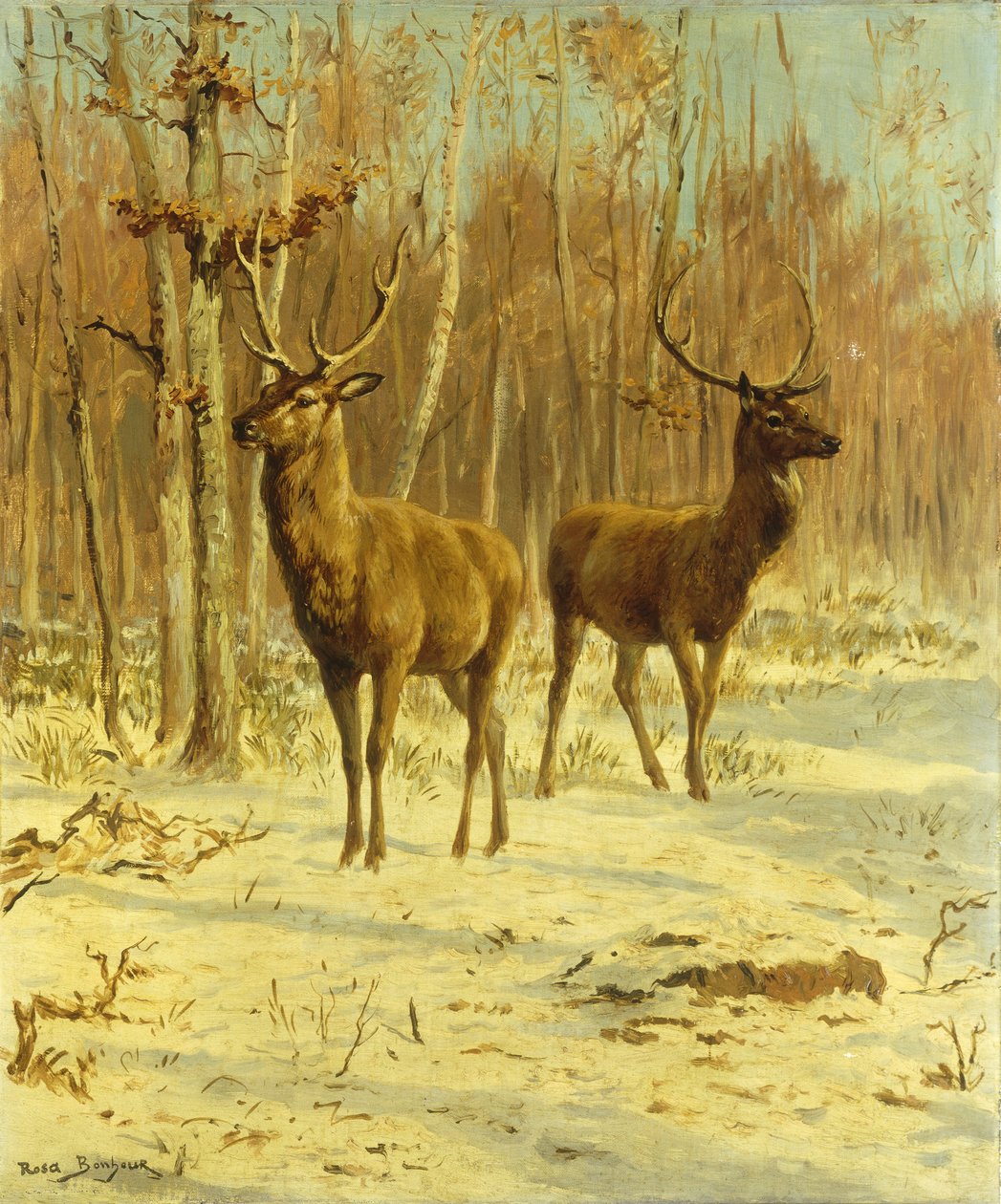 Zwei Hirsche in einer Lichtung im Winter von Rosa Bonheur
