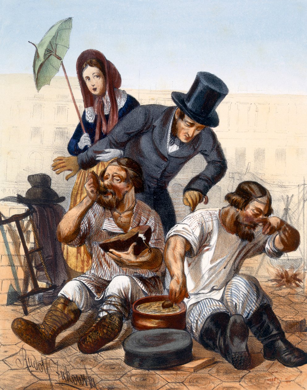 Reiches Paar spricht mit einem Paar betrunkener Zimmerleute, die auf der Straße kochen und essen, 1843 von Rudolf Jukowsky