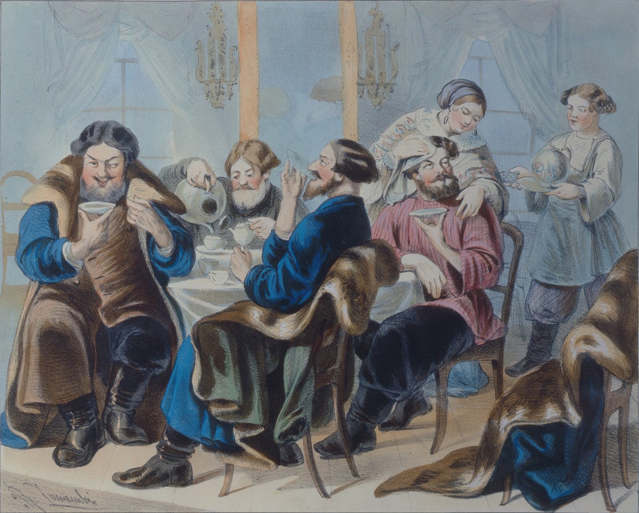 Tee und Zucker. Teetrinken in einer Taverne, erstes Viertel des 19. Jahrhunderts von Rudolf Kasimirovich Zhukovsky