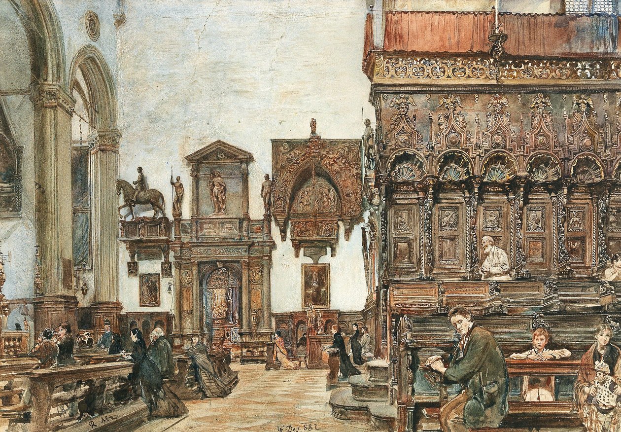 Das Innere der Basilica di Santa Maria Gloriosa dei Frari in Venedig mit Betenden in den Chorstühlen von Rudolf von Alt