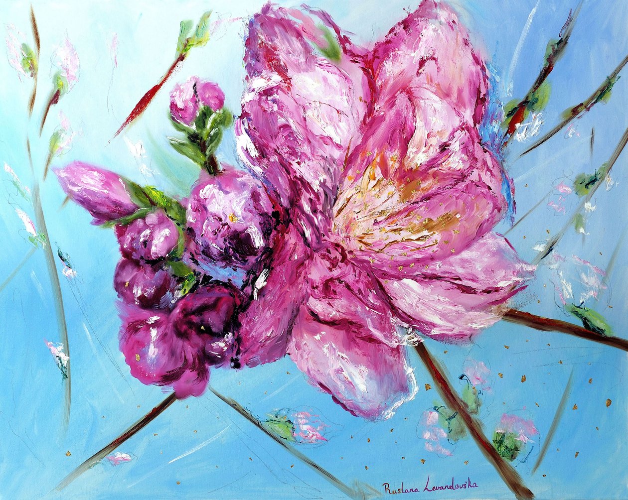 Rosa Kirschblüten mit Goldverzierung von Ruslana Levandovska