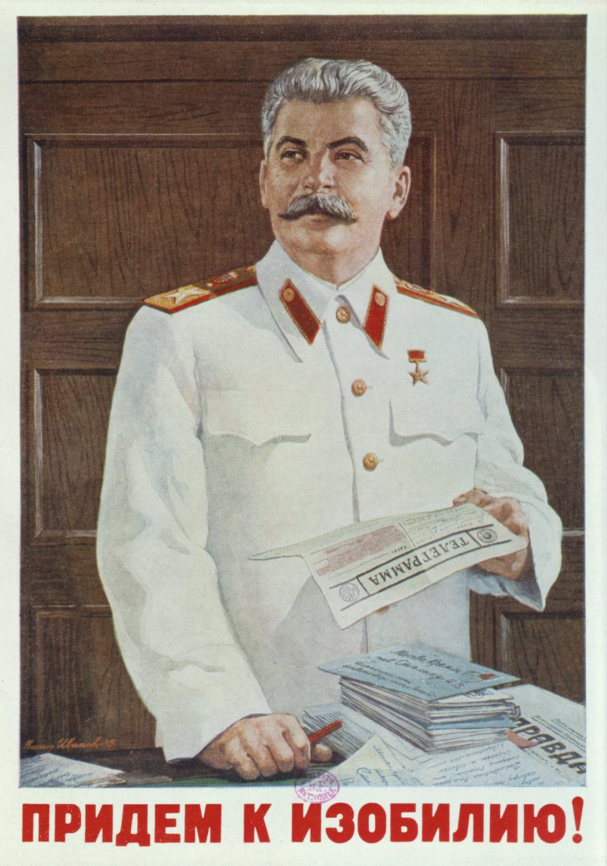 Sowjetisches Plakat von Stalin, der ein Telegramm liest, 1949 von Russian School