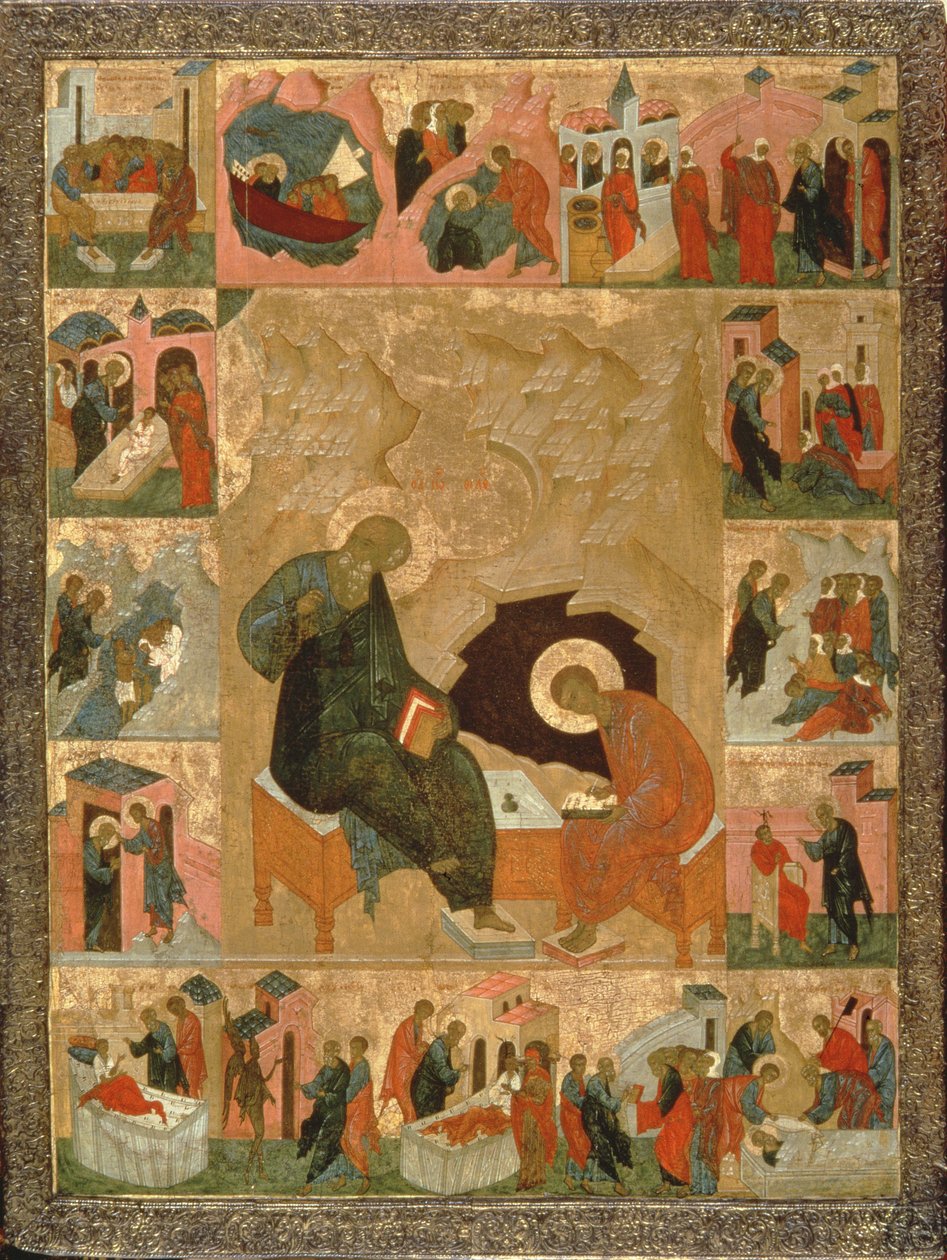 St. Johannes der Evangelist und sein Schreiber, ca. 1500 von Russian School