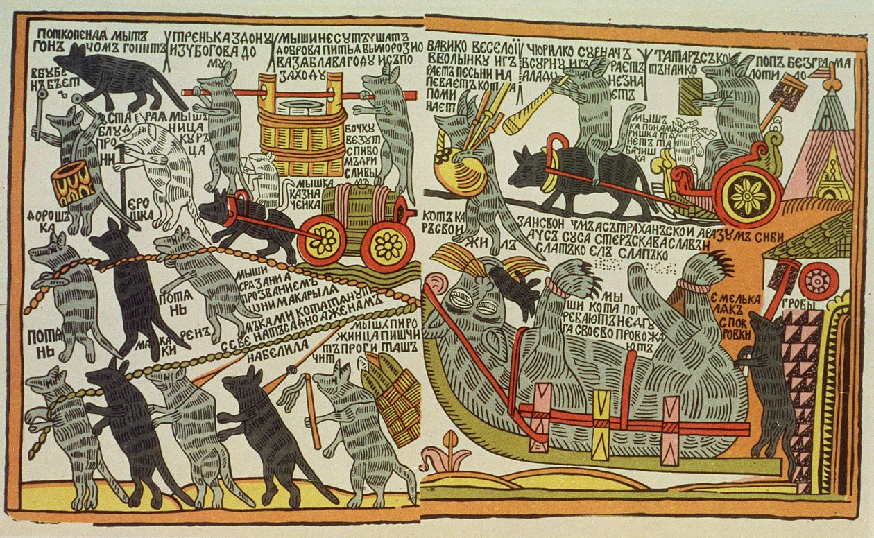 Die Mäuse begraben die Katze, russisch, spätes 18. Jahrhundert von Russian School