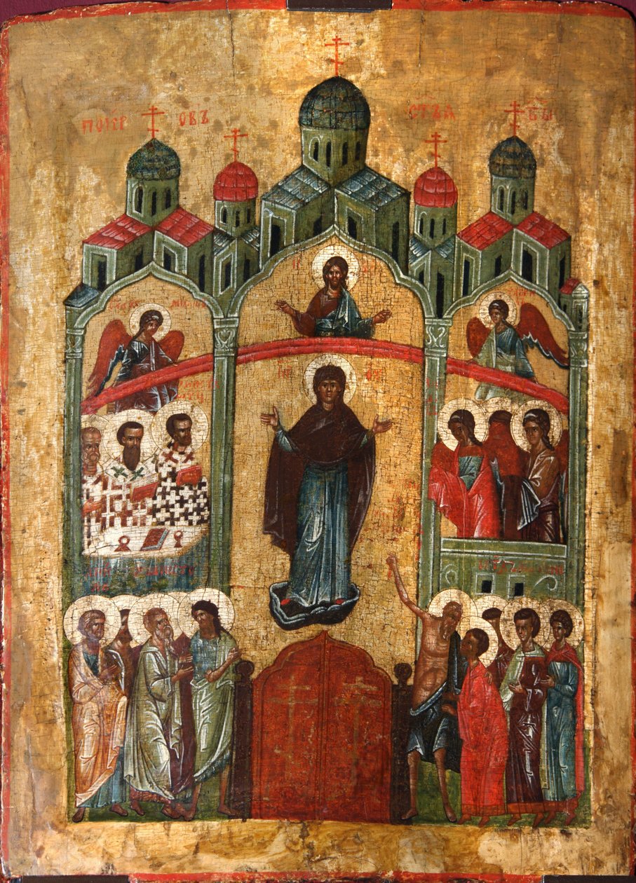 Der Schutz der Gottesmutter Pokrov, frühes 15. Jahrhundert von Russian icon.
