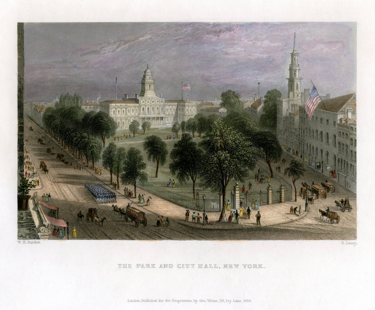 Der Park und das Rathaus, New York, USA, 1838 von S. Lacey