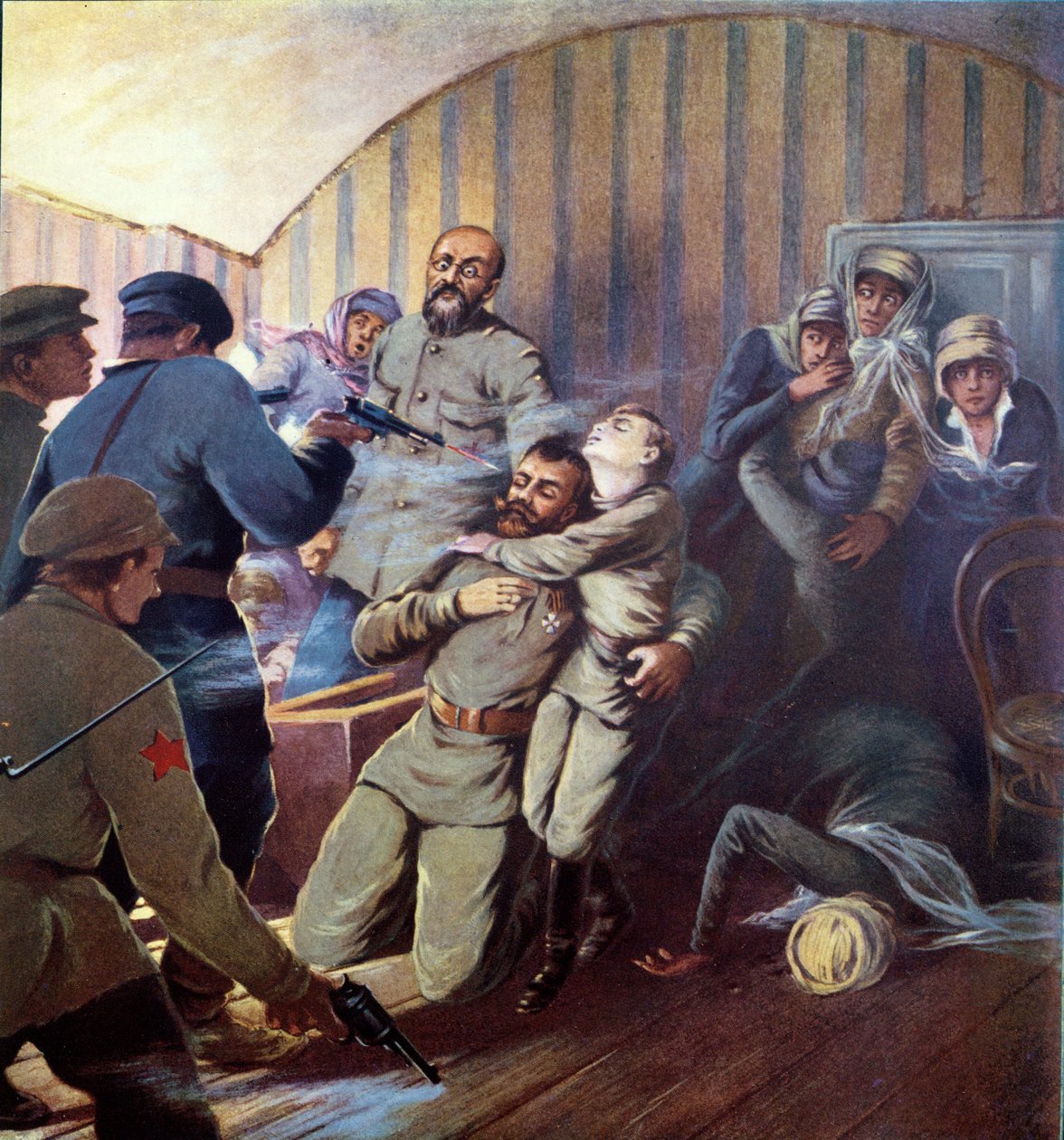 Hinrichtung von Zar Nikolaus II. und seiner Familie in Jekaterinburg, 17. Juli 1918, aus Histoire des Soviets von H. de Weindel, 1923-24 von S. Sarmat