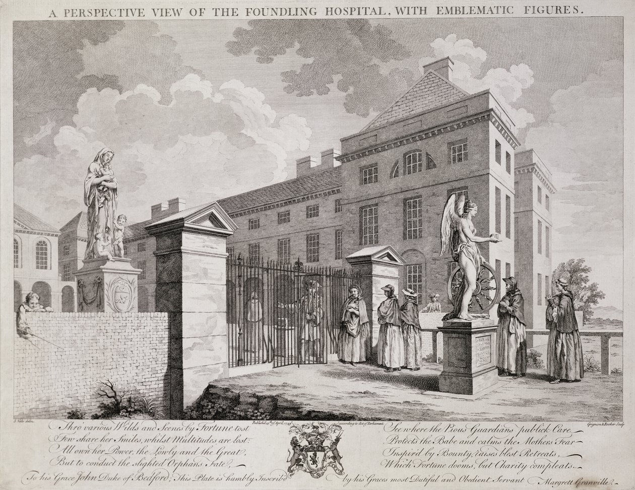 Eine perspektivische Ansicht des Findelhauses mit symbolischen Figuren, 1749 von S. Vale