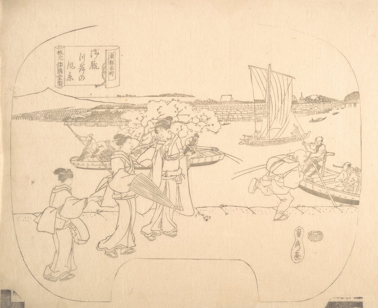 Proof Line-Block-Druck für Fächer, 19. Jahrhundert von Sadahide Utagawa