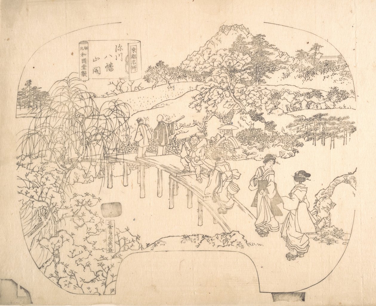 Proof Line-Block Druck für Fächer, 19. Jahrhundert von Sadahide Utagawa