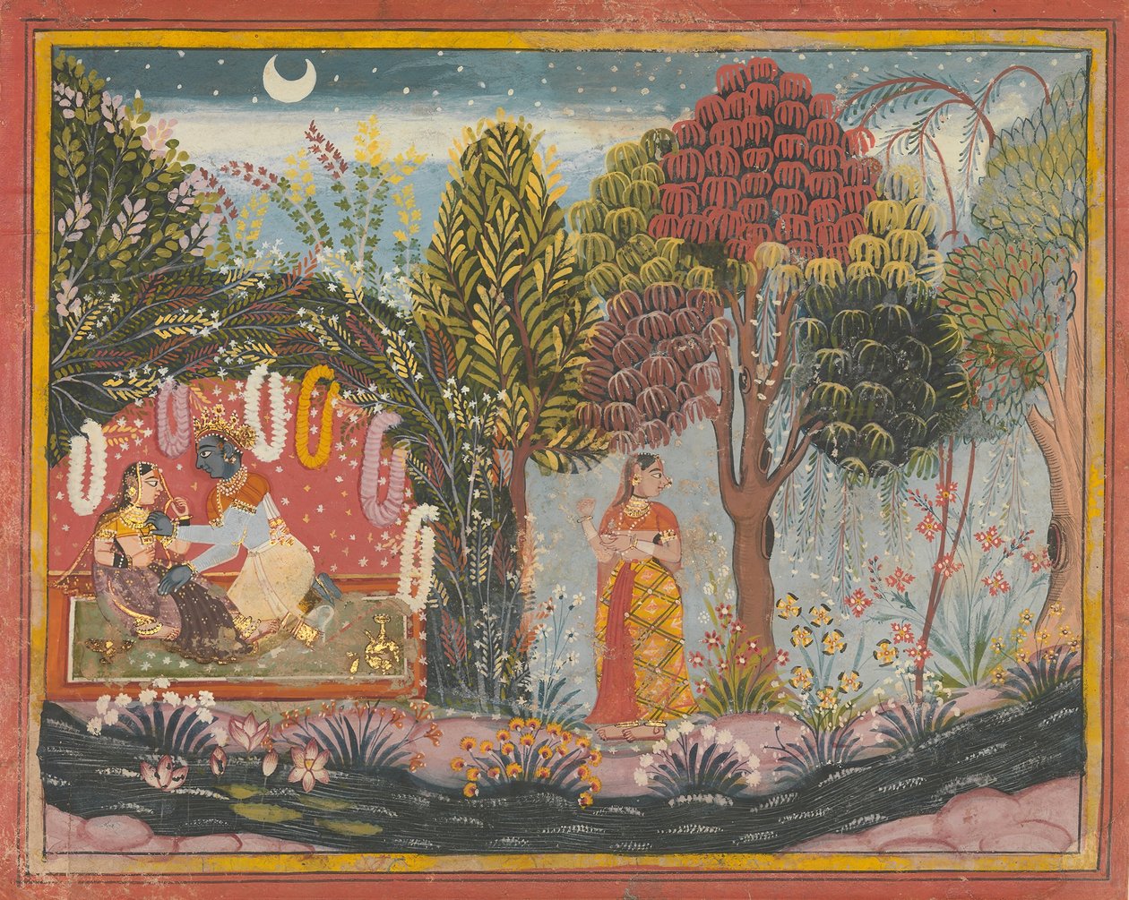 Krishna und Radha in einer Laube: Seite aus einem verstreuten Gita Govinda, ca. 1665 von Sahibdin