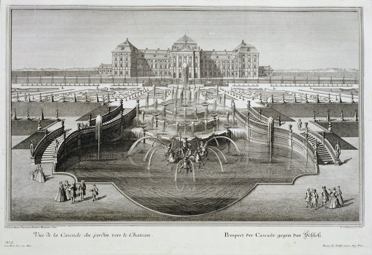 Weissenstein, Blick auf das Schloss von der barocken Kaskade, graviert von Georg-Daniel Heumann, veröffentlicht 1728 von Salomon Kleiner