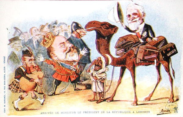 Karikatur der Ankunft des Präsidenten der Französischen Republik, Emile Loubet (1838-1929) in London im Jahr 1903 von Salomon Assus