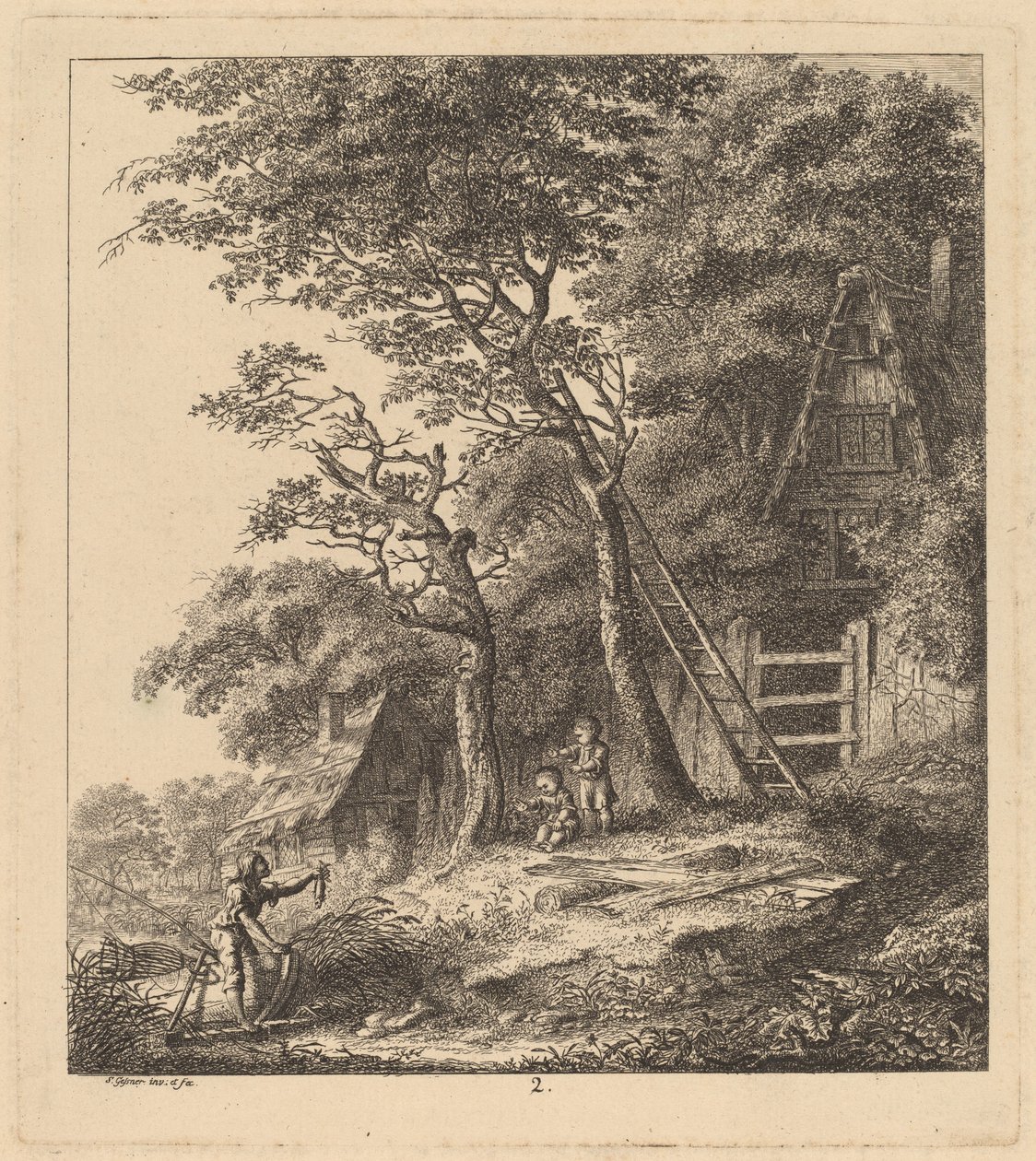 Ein Fischer und zwei Kinder in einer Landschaft mit Strohhütten von Salomon Gessner
