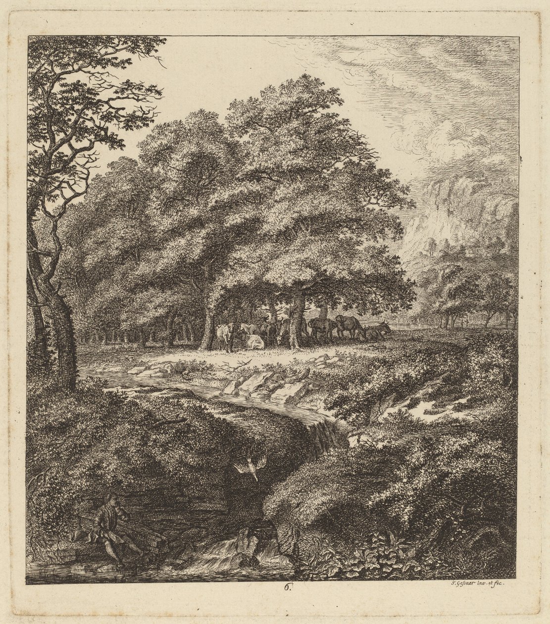 Rinder ruhen in einem Hain mit einem Mann, der neben einem Bach sitzt, 1764 von Salomon Gessner