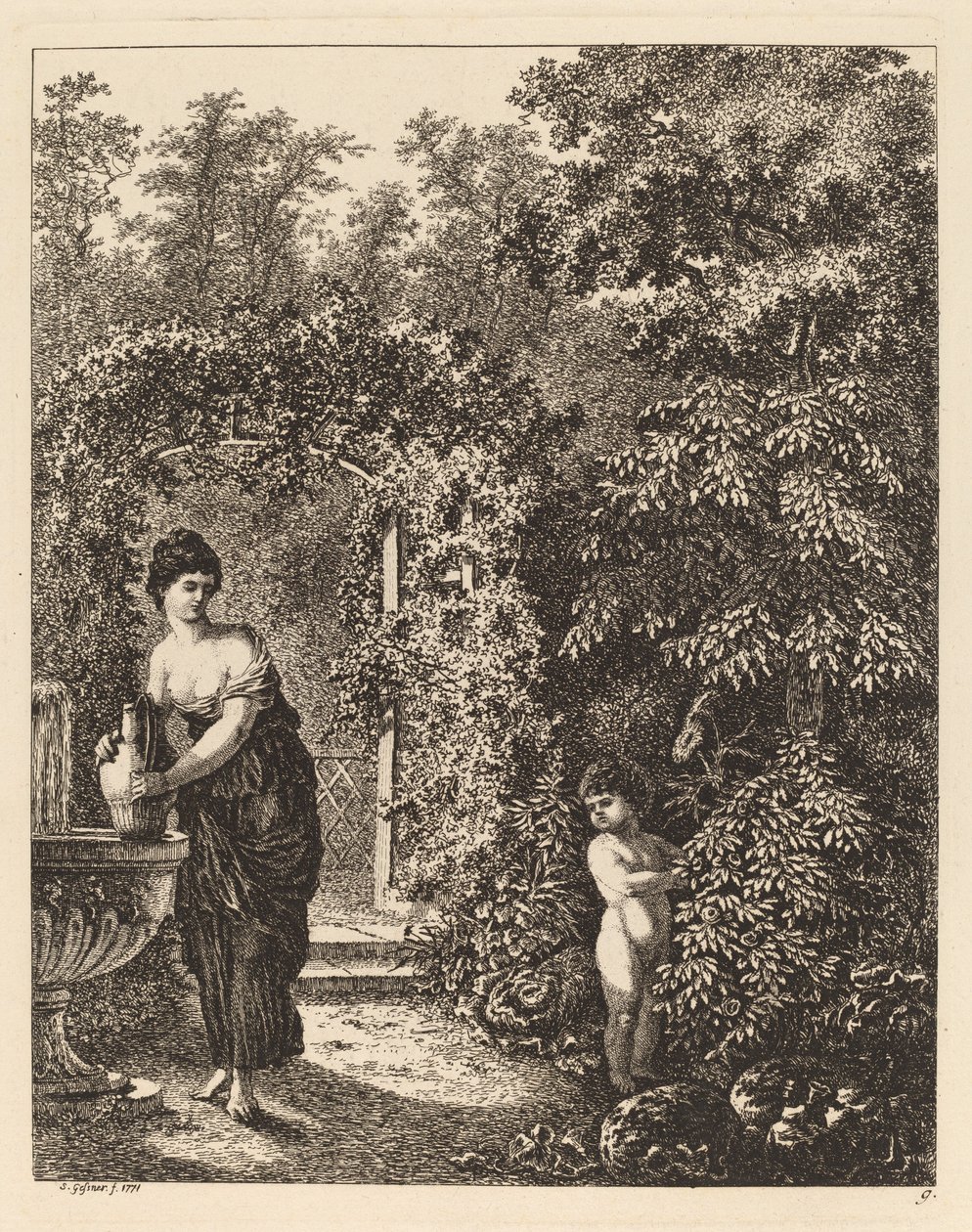 Putto besucht ein Mädchen an einem Brunnen, 1771 von Salomon Gessner