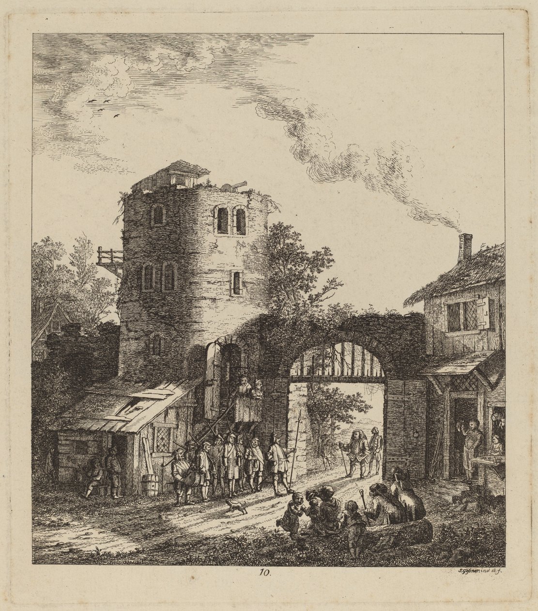 Dorfbewohner an einem Stadttor begrüßen einen Würdenträger von Salomon Gessner