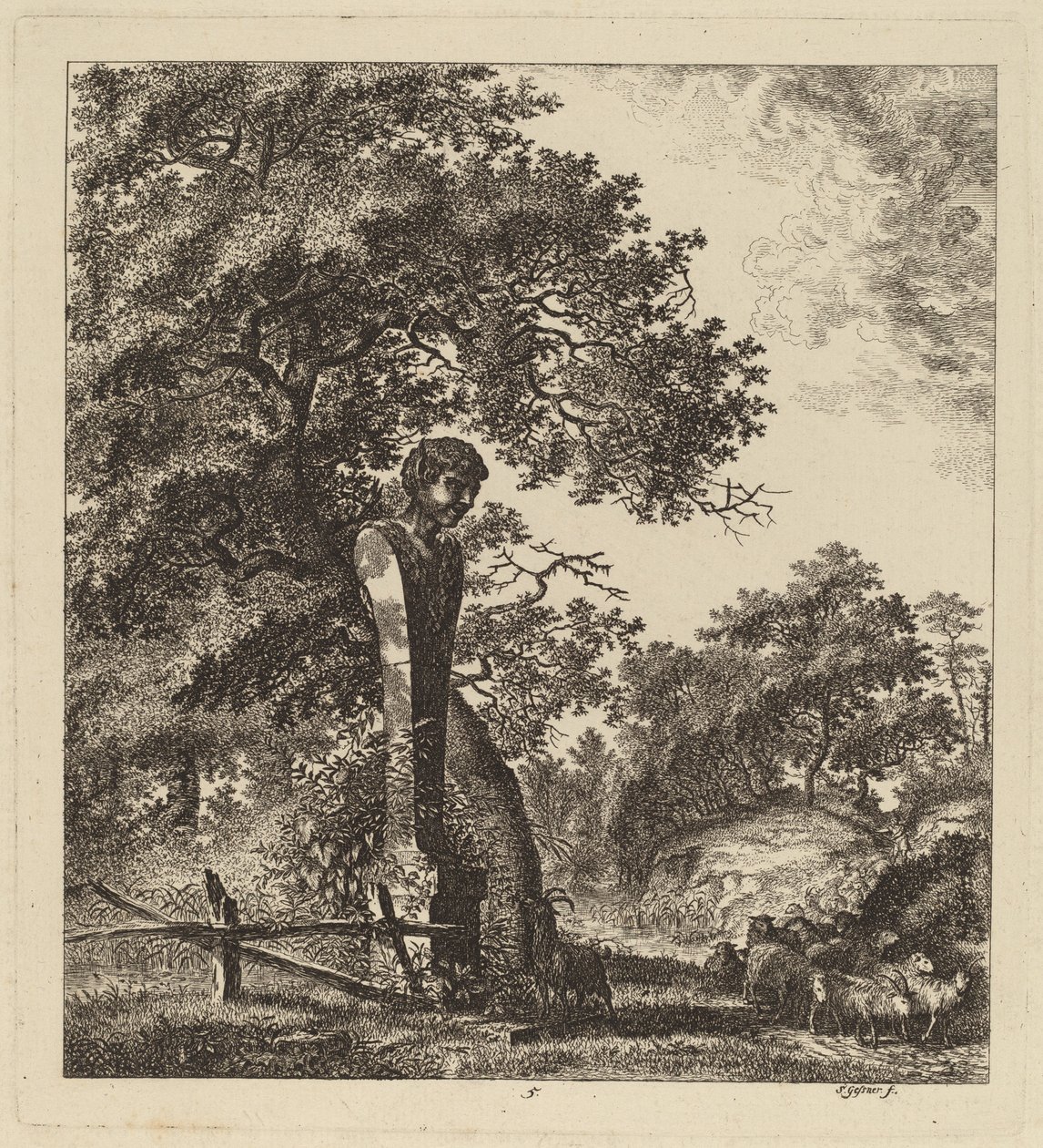 Waldlandschaft mit einer Ziegenherde und einem Einsiedler von Salomon Gessner