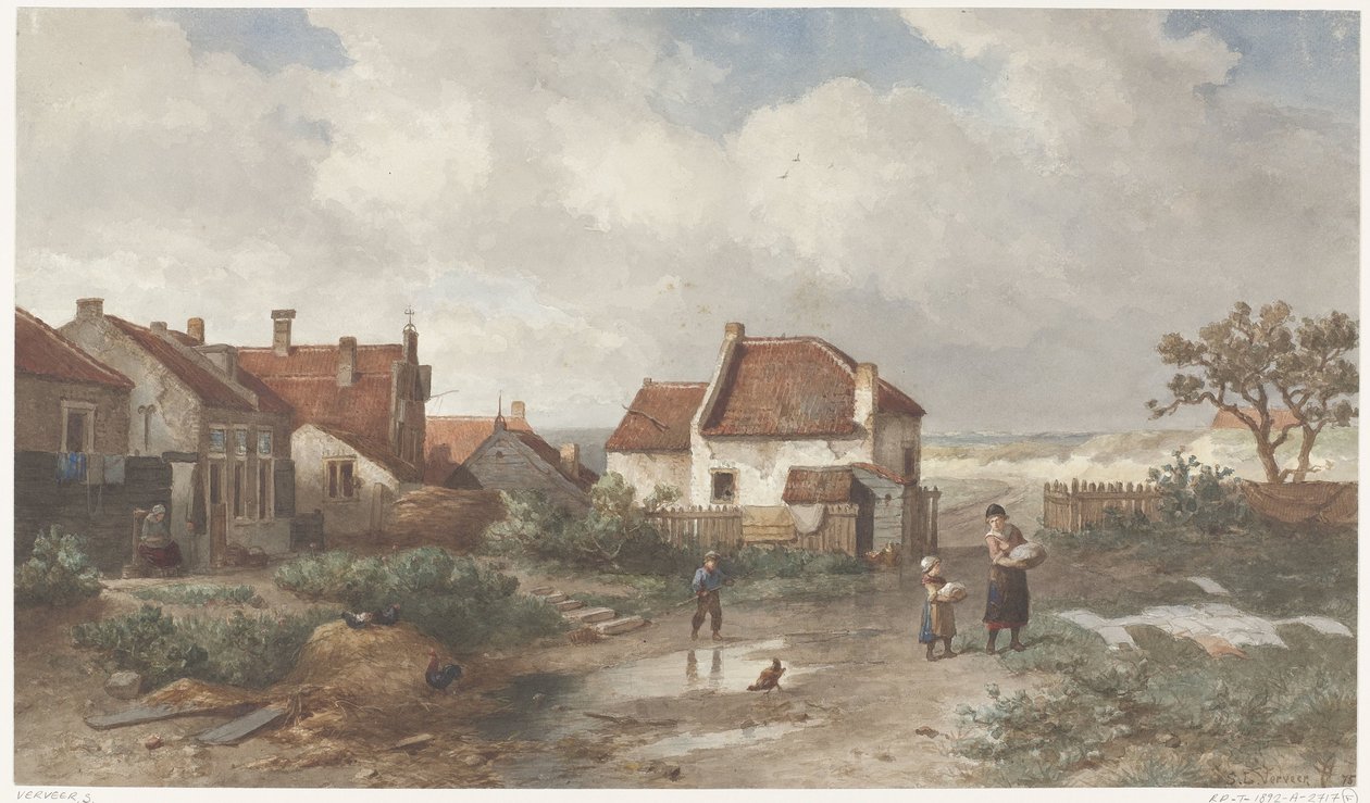 Häuser am Rande eines Dorfes in den Dünen von Salomon Leonardus Verveer