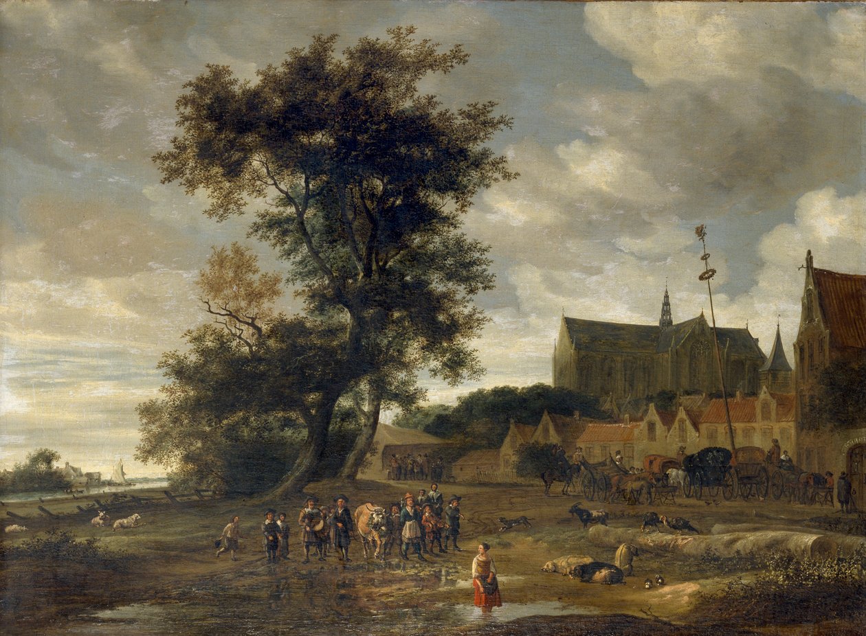Szene vor einem Maibaum mit der Alkmaar Kirche im Hintergrund, 1669 von Salomon Ruysdael
