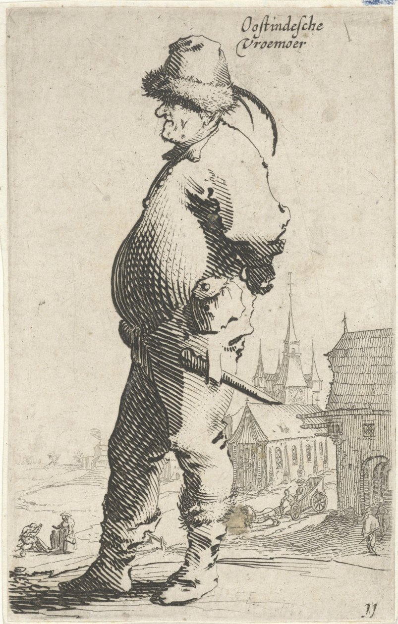 Mann im Profil, im Hintergrund eine Kirche und ein Gebäude mit Galerie von Salomon Savery