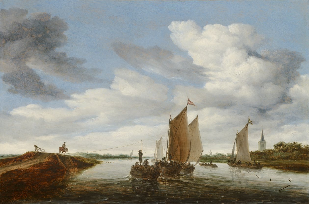 Flusslandschaft mit Segelbooten und einer pferdegezogenen Barke von Salomon van Ruisdael or Ruysdael